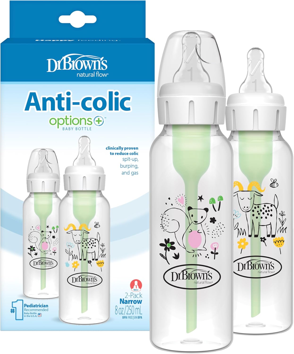 Dr. Brown's Natural Flow Anti-Colic Options+ Narrow Baby Bottle 8 oz Goat & Squirrel product photo