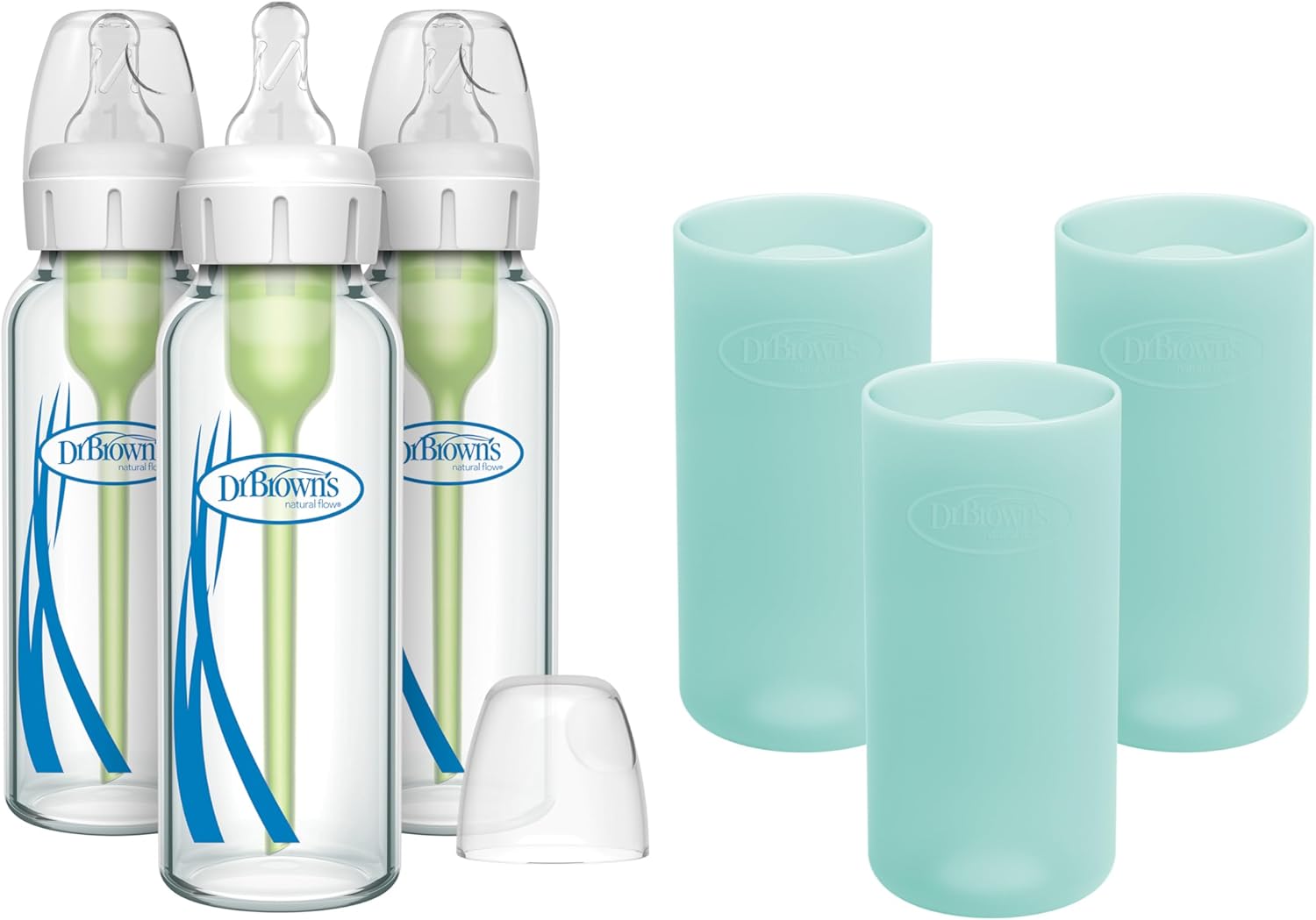 Dr. Brown's Anti-Colic Options+ Narrow Glass Baby Bottle 8 oz with Mint Silicone Sleeve product photo
