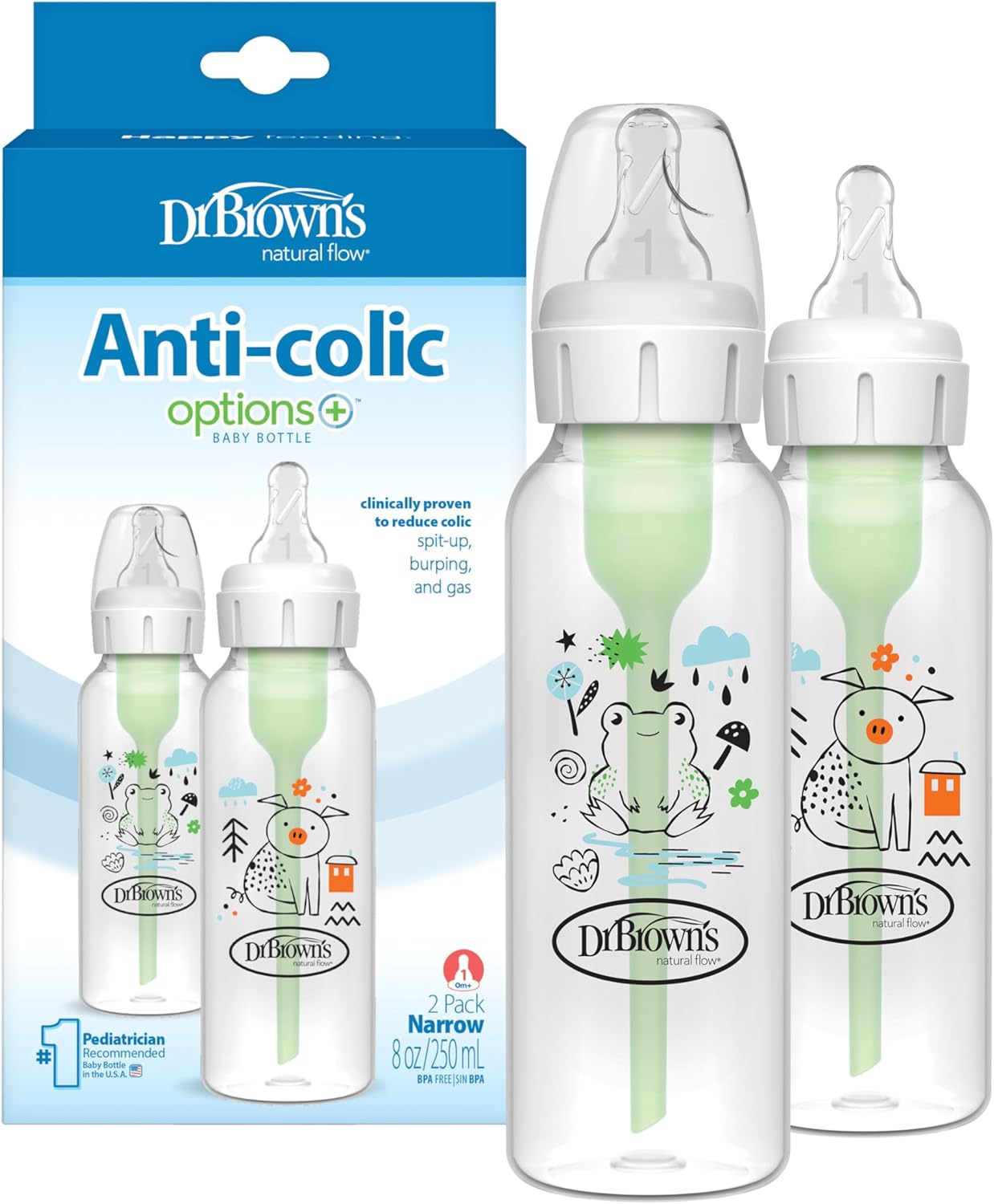 Dr. Brown's Natural Flow Anti-Colic Options+ Narrow Baby Bottle 8 oz Frog & Pig product photo