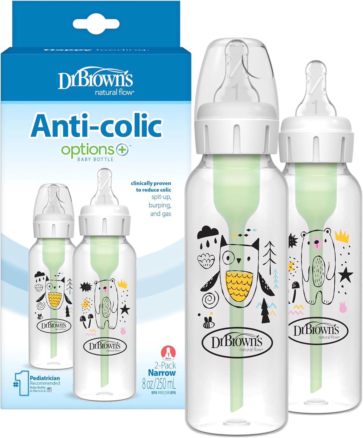 Dr. Brown's Natural Flow Anti-Colic Options+ Narrow Baby Bottle 8 oz Bear & Owl product photo
